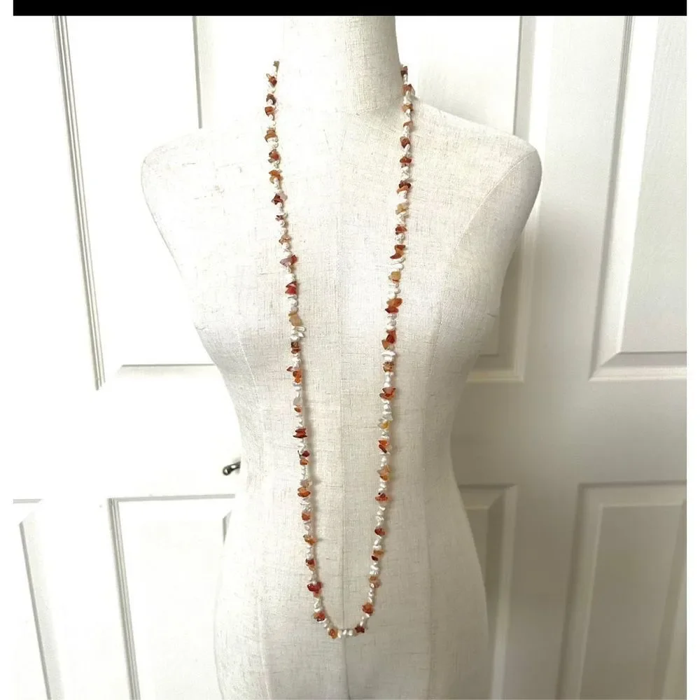 Freshwater pearl and carnelian chip long necklace